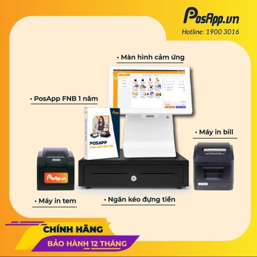 Combo trọn bộ thiết bị bán hàng gồm 1 màn hình PAM2, 1 máy in hóa đơn, 1 máy in tem, 1 phần mềm quản lý PosApp