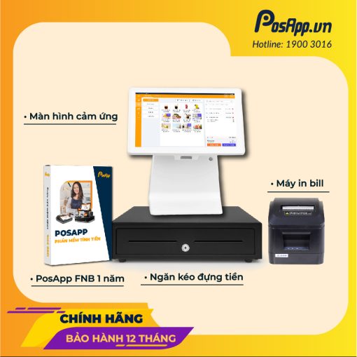 Combo trọn bộ thiết bị bán hàng gồm 1 màn hình PAM2, 1 máy in hóa đơn, 1 ngăn kéo, 1 phần mềm quản lý PosApp