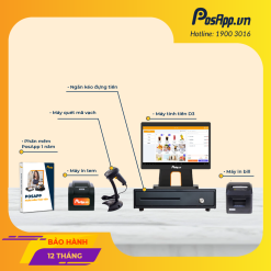 Combo trọn bộ thiết bị bán hàng gồm 1 màn hình D3, 1 máy in hóa đơn, 1 máy in tem, 1 máy quẹt mã vạch, 1 phần mềm quản lý PosApp