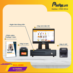 Combo trọn bộ thiết bị bán hàng gồm 1 màn hình D3, 1 máy in hóa đơn, 1 máy in tem, 1 phần mềm quản lý PosApp