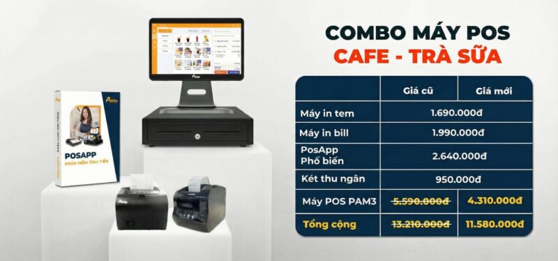 Combo trọn bộ máy Pos tính tiền bán hàng in bill PAM3 (Cho quán cafe, trà sữa, giải khát,...) 5 pam3