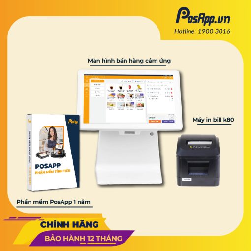 Combo trọn bộ thiết bị bán hàng gồm 1 màn hình PAM2, 1 máy in hóa đơn, 1 phần mềm quản lý PosApp