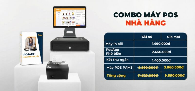 Combo Máy POS tính tiền bán hàng in bill PAM3 (cho nhà hàng ăn uống, quán ăn) 3 pam3 nhà hàng