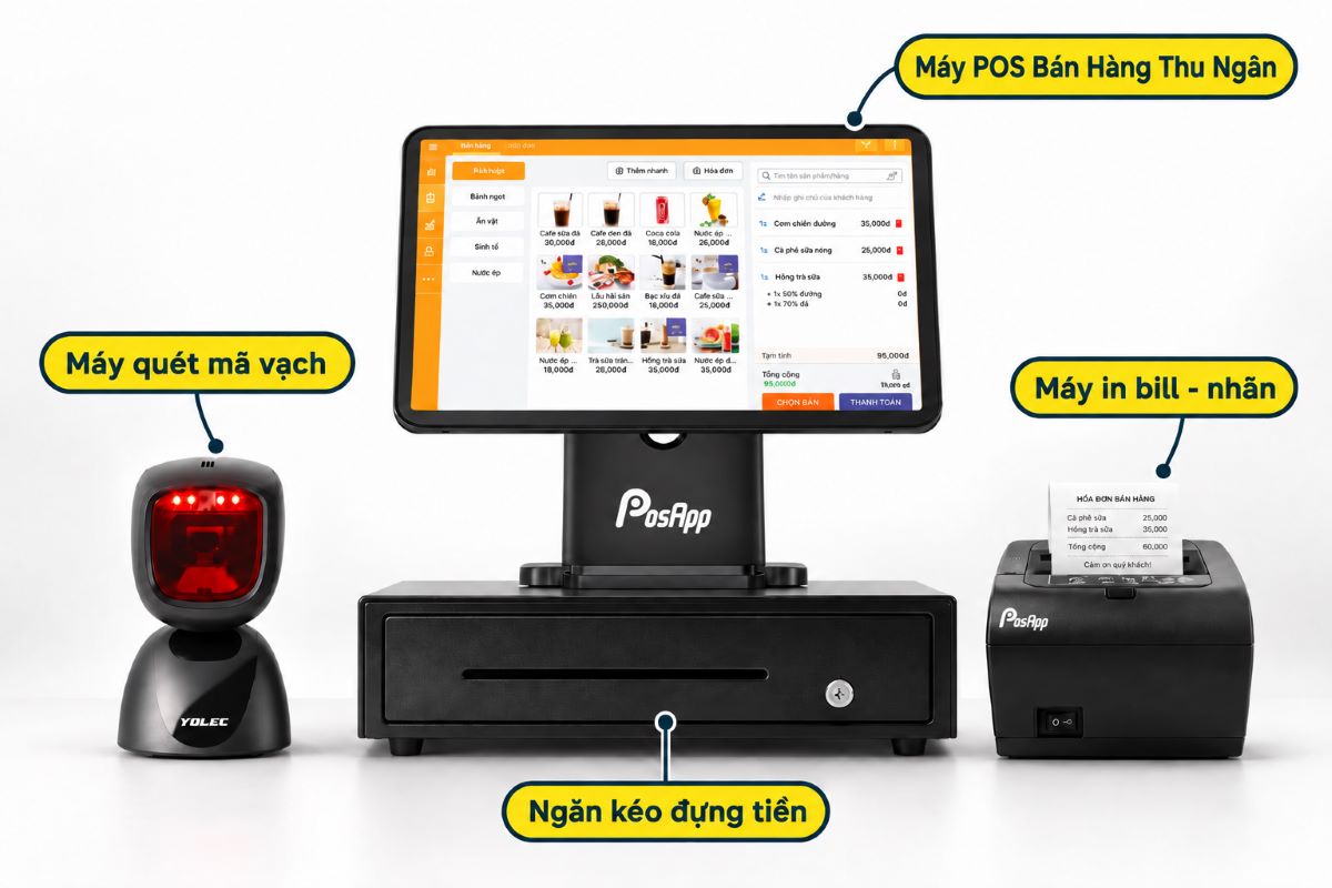 Trọn bộ máy tính tiền thu ngân PosApp kết nối thiết bị ngoại vi tại quầy
