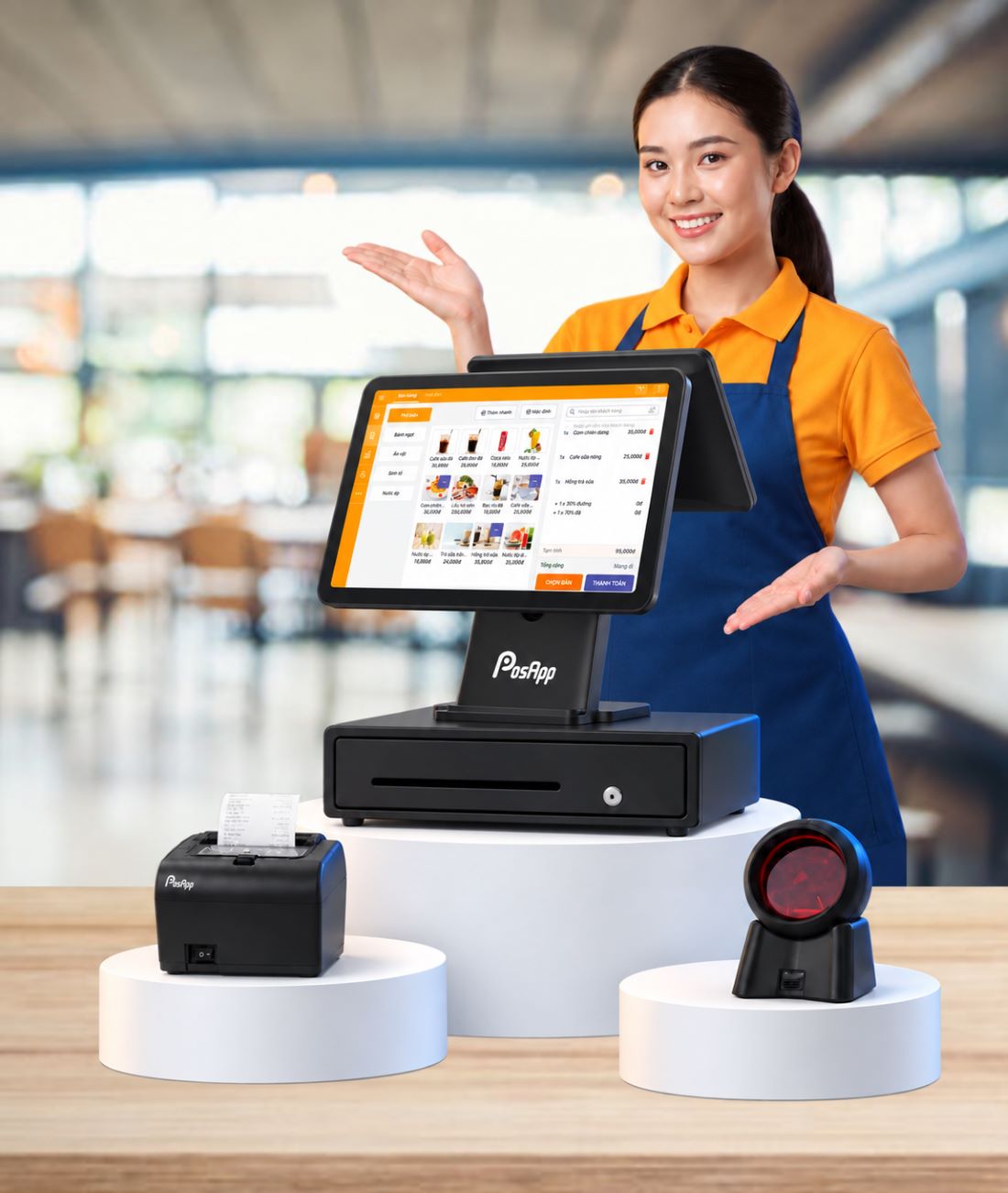 Máy POS PosApp PA680 hai màn hình 15,6 inch và 11,6 inch tại quầy thu ngân