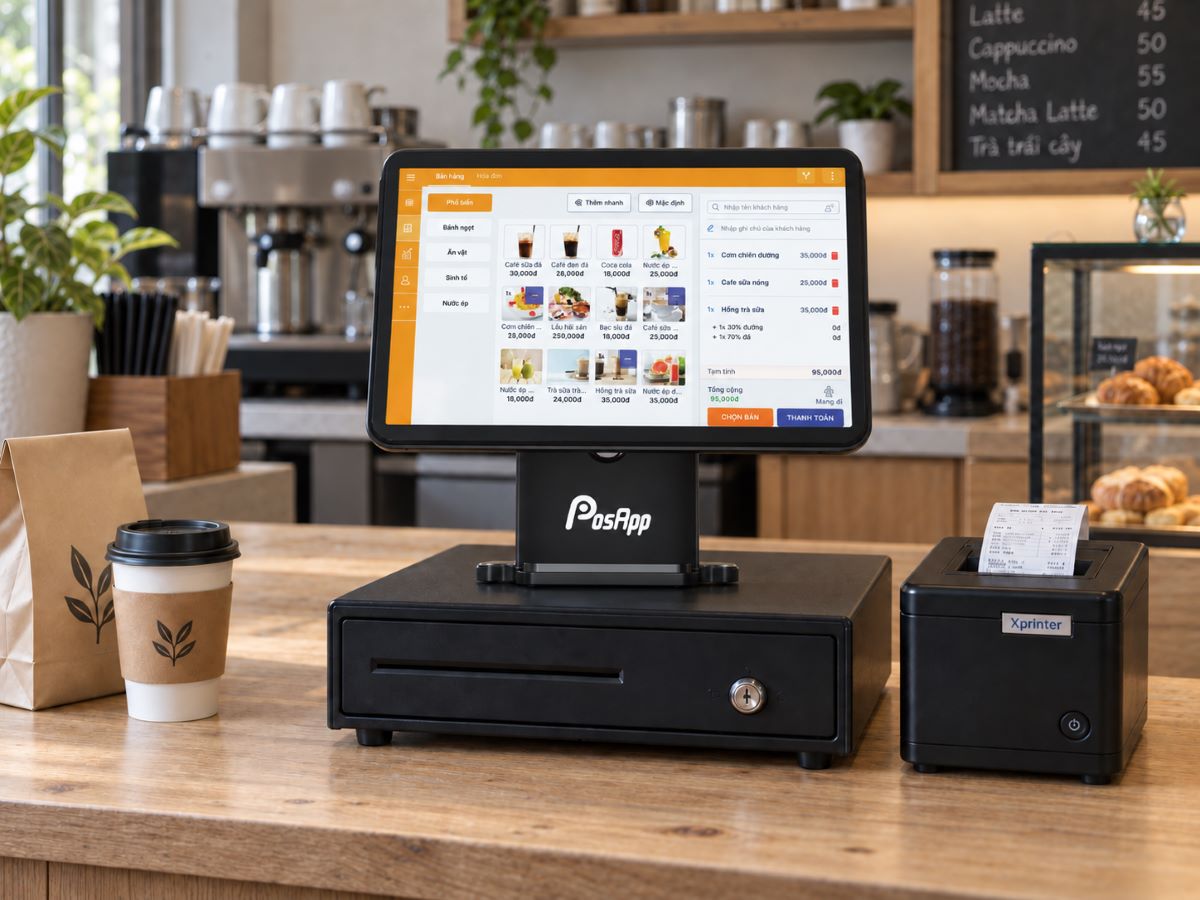 Máy POS PA680 đặt tại quầy cà phê cùng thiết bị bán hàng