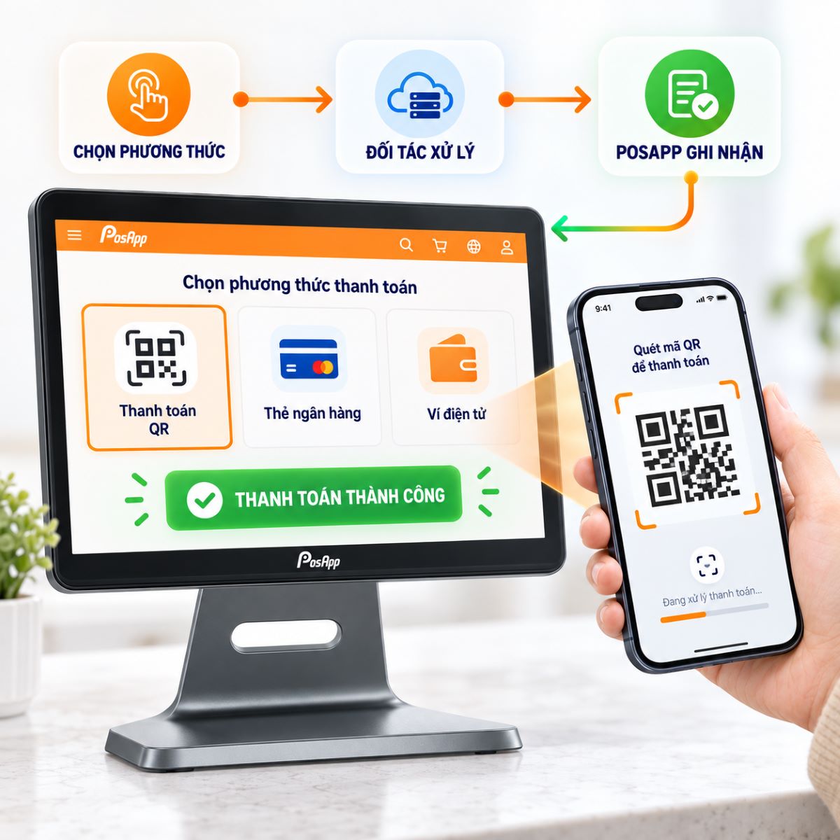 Luồng chọn phương thức, xử lý và ghi nhận thanh toán trên PosApp
