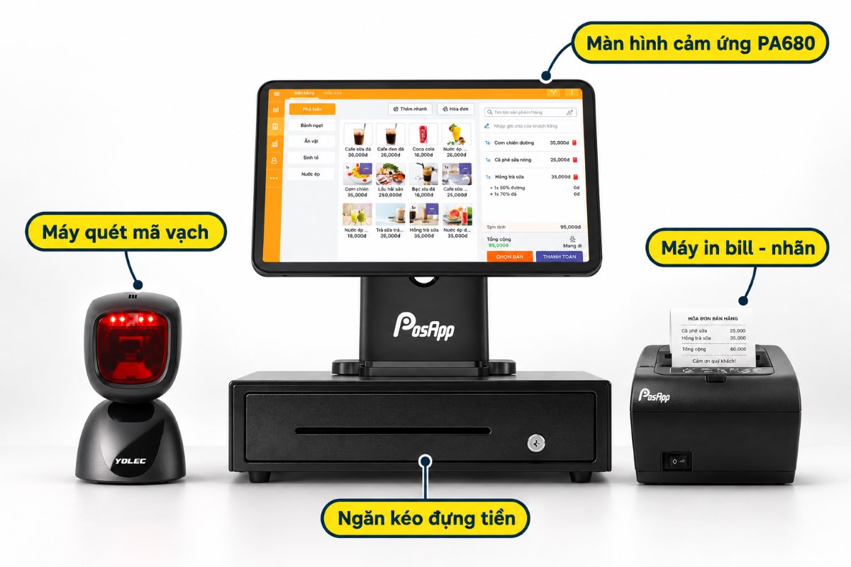 Máy POS PA680 kết nối máy quét mã vạch, máy in bill và ngăn kéo đựng tiền